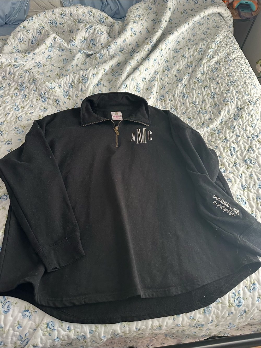 Black Quarter-Zip Pullover Jacket with Embroidered Monogram